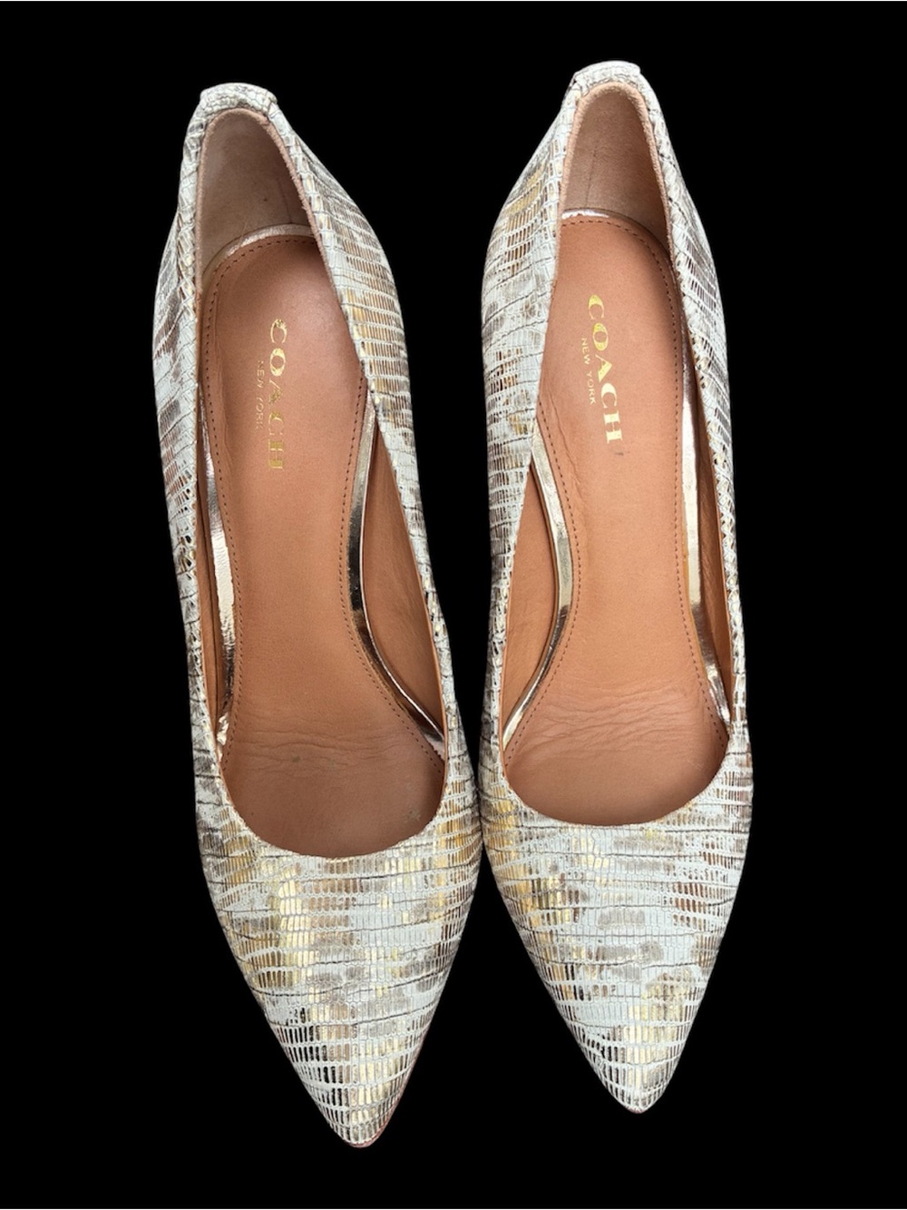 COACH Harlee Gold Snakeskin Pumps Pointed Toe Heels Shoes Size 6
